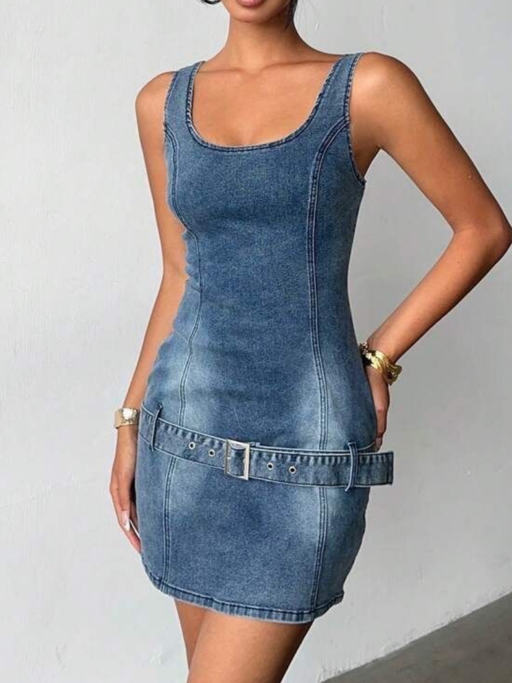 Love Tree Blue Denim Tank Mini Dress with Belt